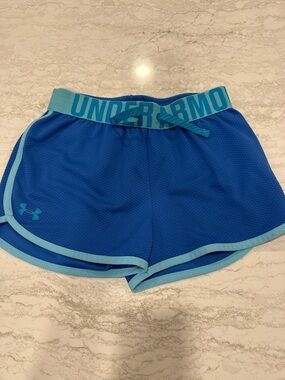 Under Armour Girls Blue Athletic Shorts with Light Blue Trim